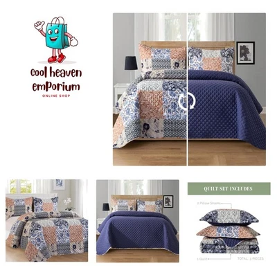 Edredón reversible de retazos de 3 piezas - Colcha suave con funda de almohada a juego... Foto 1 de 4