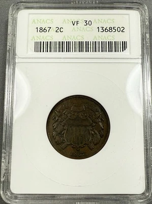 1867 Two Cent Piece 2c - ANACS VF30 - Old “Soapbox” Holder - Image 1 of 2