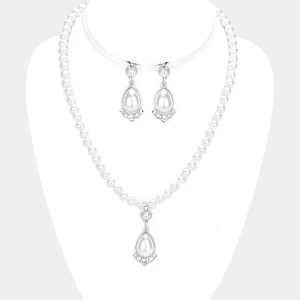 Juego de collar vintage perforado plata y lágrima blanca y piedra transparente - Imagen 1 de 4