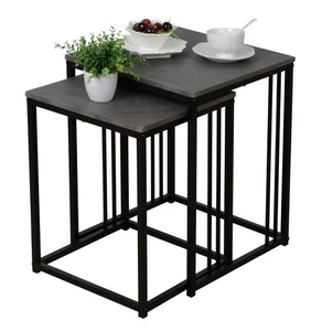 Square Nest of Tables Living Room Coffee Tables Black Metal Frame Stone Effect - Picture 1 of 5
