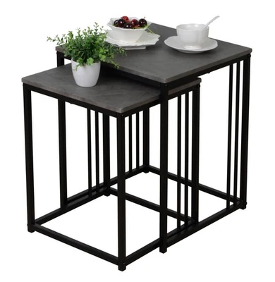 Square Nest of Tables Living Room Coffee Tables Black Metal Frame Stone Effect - Image 1 of 4