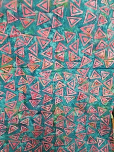 Batik Cotton Fabric - Blue/Green/Purple Background w/Pink/Orange Triangles - Picture 1 of 2