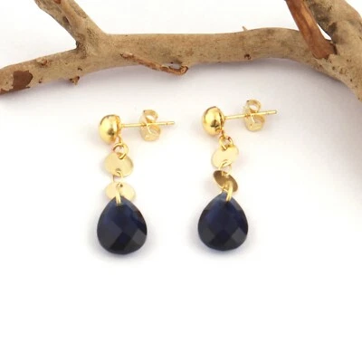 Regalo de aniversario para ella aretes de cuarzo de iolita joyería de oro amarillo 1,42" Foto 1 de 4