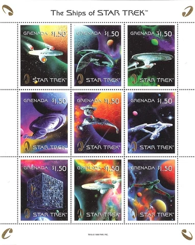 Star Trek Ships - Sheet of 9 Stamps w/ Gold Embossed Star Trek Logo, Grenada Cover
