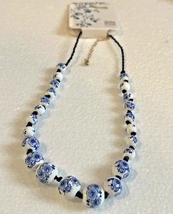NUOVA collana perle ceramica Heinen Delfts Blauw fiori blu e bianchi - Foto 1 di 4