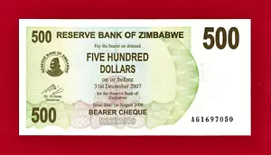 ULTRA-RARE (in UNC Condition) 500 DOLLARS BEARER CHEQUE 2006 ZIMBABWE UNC NOTE - Picture 1 of 2