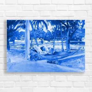 Tropical Lagoon Hammock Blue Canvas Print Large Picture Wall Art - Picture 1 of 5