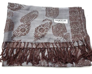 "Elegante bufanda con flecos Pashmina cachemira marrón plateada floral exquisitamente suave 72" - Imagen 1 de 4
