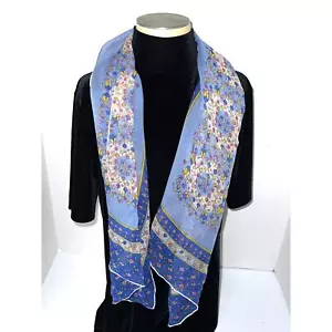Grannycore CottageCore Vintage SCARF 100% SILK Hand Rolled Blue Floral Whimsy - Picture 1 of 5