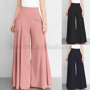 Women Wide Legs Pants High Waist Office Work Long Cotton Trousers - Picture 1 of 8