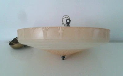 Art Deco Glass Bowl Iceberg Trim Light Shade Biscuit Yellow  - Image 1 of 4