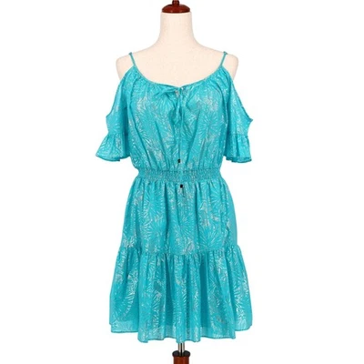 Michael Kors Women Foil Turquoise Cotton Cold-Shoulder Ruffle Mini Dress Size XS - Image 1 of 4