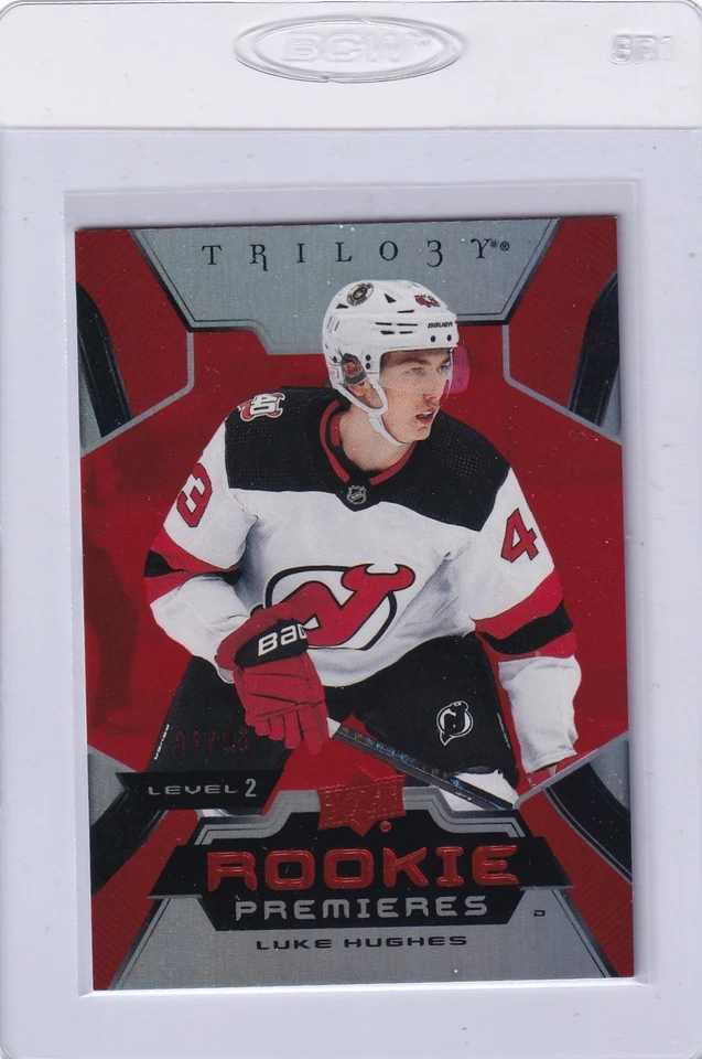 2023-24 Upper Deck Trilogy Red Rookie Premiers Lvl.2 #197 Luke Hughes /99 Devils - Image 1 of 2