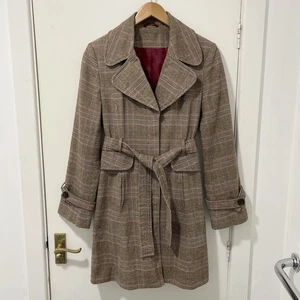 Plaid Knee Length Trench Coat UK 10 Grey Burgundy Mix Belted Lined Country City - Picture 1 of 20