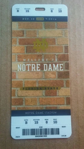 2018 Notre Dame Fighting Irish vs Florida State Football Plastic Ticket Cover
