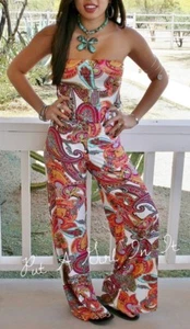 Womens WHITE PINK STRAPLESS PAISLEY LANE TUBE TOP TALL PALAZZO JUMPER ROMPER S - Picture 1 of 4