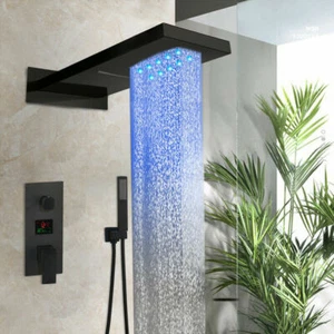 LED Black Rainfall Shower faucet Set 3-way Digital Mixer Tap Wall Mount Bathroom - Imagen 1 de 10