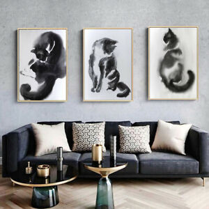 Abstrakte Tiere Bilder japanische Tinte Malerei Katze Leinwand Druck Poster Deko