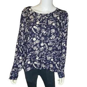 ASTR The Label Navy Blue & White Floral Blouse w/ Ladder Stitch Detail sz L - Picture 1 of 7