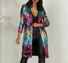 Women Long Sleeve Jacket Bling Rainbow Sequins Long Coat Outwear Fashion