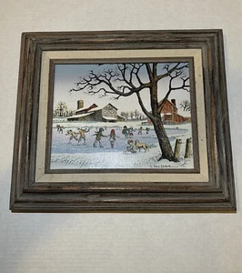 Painting H.Hargrove On Canvas Children Ice Skating on pond Wooden Frame - Picture 1 of 3