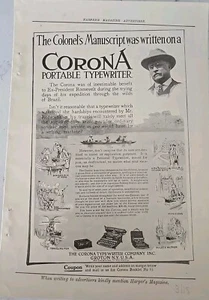 1915 Corona tragbare Schreibmaschine Colonel Ex President Roosevelt Vintage Anzeige  - Bild 1 von 1