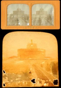 vue stéréo PONT ST ANGE ROME  vers 1860-70  / tissue polyorama  - Foto 1 di 4