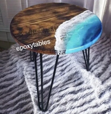 Round Ocean Epoxy Resin Coffee Table Top Acacia Wooden Live Edge Living Room Dec - Image 1 of 4