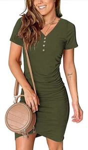 Btfbm Women’s Summer Casual V Neck Short Sleeve Ruched Bodycon T Shirt Dress Med - Picture 1 of 6