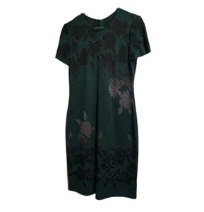 ST JOHN Women's Knit Green Gray Black Metallic Silver Print Shimmer Dress Sz 4 - Picture 1 of 14