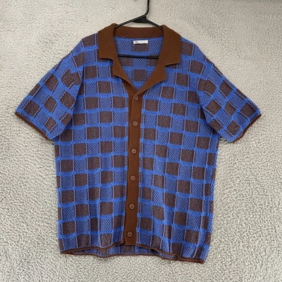 Мужская вязаная рубашка Zara XL синяя коричневая клетчатая на пуговицах спереди пляжный отдых ретро - Изображение 1 из 4