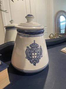 Blue White Ceramic Jar Canister w/Lid Faiancas Belo style Royal Crest Portuguese - Picture 1 of 9