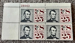 Scott #C59 Abraham Lincoln Air Mail, 1959- 1961 25c Stamp Block, mnh, og, vf/xf - Picture 1 of 2