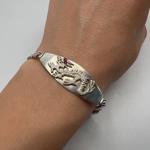 Bracciale Drago Vintage Regalo Argento Sterling 925 Massiccio Cubano Gioielli Uomo 12 gr - Foto 1 di 7