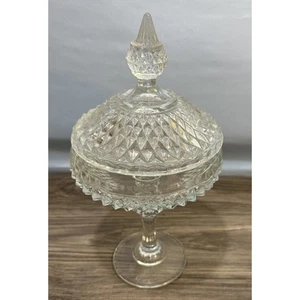 Indiana Glass Co. DIAMOND POINT piatto caramelle piedi alti con coperchio vintage - Foto 1 di 9