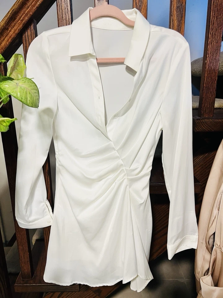 Elegante Vestido Camisa Acetato Blanco - Elegante Estilo Oficina, Sexy pero Profesional Foto 1 de 4