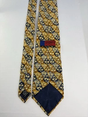 Ungaro Paris Necktie Floral Tan Geometric Sienna Ochre Blue 100% Silk Italy - Image 1 of 4