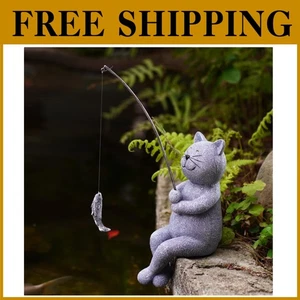 Fishing Cat Garden Statue - 10" Little Fisher for Pond Decor - Picture 1 of 8