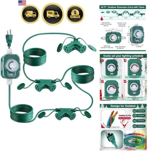 Outdoor Extension Cord with Timer 20FT Heavy Duty 6 Outlets Waterproof Power ... - Picture 1 of 9