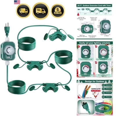 Outdoor Extension Cord with Timer 20FT Heavy Duty 6 Outlets Waterproof Power ... - Image 1 of 4