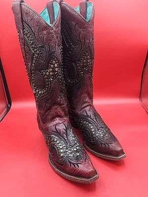 Botas occidentales Corral con tachuelas superpuestas de cuero punta corta. Mujer Talla 9 Marrón Rojo Foto 1 de 4