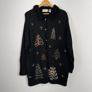 Cárdigan de Colección Años 90 Hierba Limón Negro Árbol de Navidad Con Cuentas Novedad Suéter Talla 2X - Imagen 1 de 7