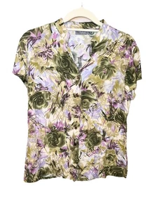 Kate Hill Women’s MEDIUM Rayon Blouse Green Purple Floral Button Up Short Sleeve - Picture 1 of 8