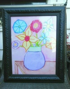Child's Watercolor Painting of a Vase of Flowers Framed Matted Still Life - Picture 1 of 4