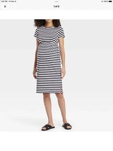 INGRID & ISABEL Maternity Dress Striped Short Sleeve Navy Blue Tie Waist NWT XXL - Picture 1 of 4