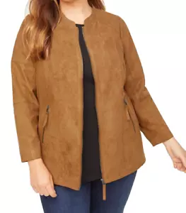 Catherines Jacket Vegan Suede Brown Zip Up Knit Stretch Side Panels size 2X- 3X - Picture 1 of 5