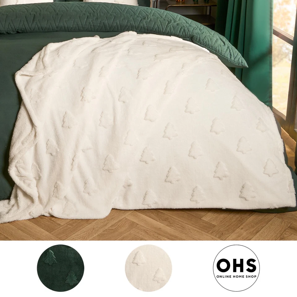OHS Christmas Tree Throw Over Bed Blanket Teddy Fleece Winter Supersoft Warm Travel