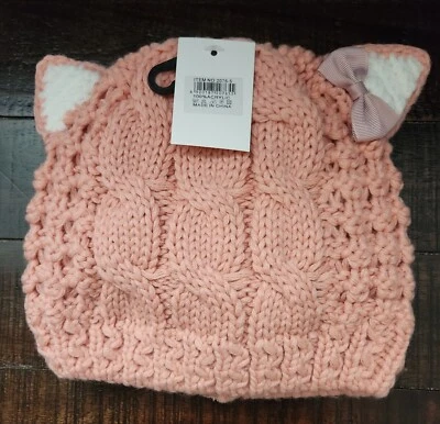 Girls Cat Ear Knit Beanie Hat Fleece Lined Very Soft Peach Color NEW - Image 1 of 4