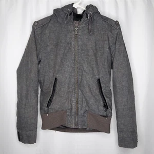 Holden Bomber Jacket Women Medium Snow Ski Gray Fur-Lined Hood Zip Pockets Y2K - Picture 1 of 13