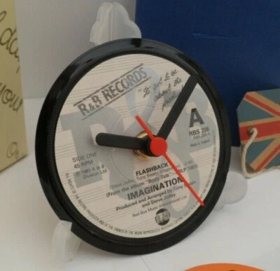 IMAGINATION CLOCK Side Table Desk Top Upcycled Vinyl Record Hit Single Size 4" . - Image 1 of 4